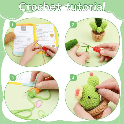 Step-by-step crochet tutorial using Plant Crochet Kit for Beginners with 6 Succulent Projects, showing tools and materials.
