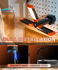 All In One Portable Camping Light With Stand featuring magnetic base and hanging hook, shown attached to a wall.