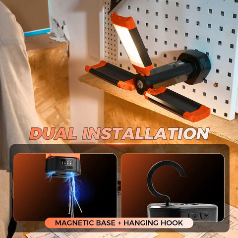 All In One Portable Camping Light With Stand featuring magnetic base and hanging hook, shown attached to a wall.