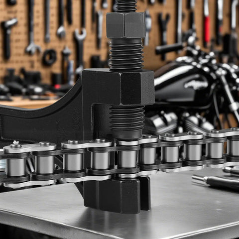 Chain Breaker Tool For 420 To 530 Roller Chains With Separate Pin Design on workbench in motorcycle workshop