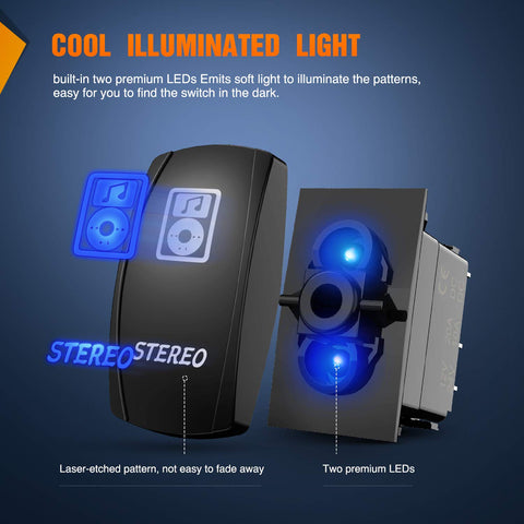 Lit Blue LED Light Bar Rocker Switch With 5 Pin SPST On Off Toggle, 20A At 12V, 10A At 24V, laser-etched pattern, illuminated