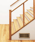12 Pack 4x10 Floor Vent Covers Heavy Duty Metal Registers with Rust Proof Finish installed under wooden staircase at home.