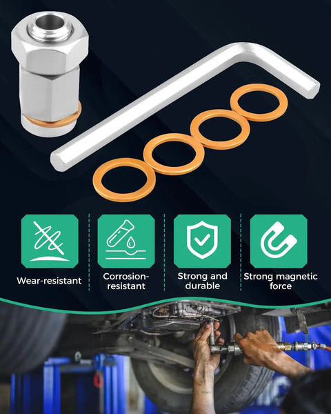 Magnetic Oil Drain Plug Kit M14x1.5 For Cars And Bikes Makes Changing Fluid Easy Without Drilling Messy Holes In Your Pan For A Clean Swap And Better Engine Health. Stainless steel plug with copper washers and wrench