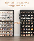 Knock Out Closet Chaos With This 10 Tier Tall Shoe Rack Featuring Dustproof Covers That Stores 40 Pairs Of Sneakers And Boots In One Sleek Vertical Organizer showing two usage methods.