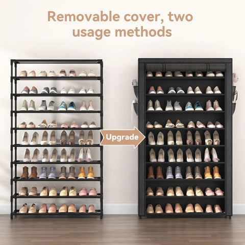 Knock Out Closet Chaos With This 10 Tier Tall Shoe Rack Featuring Dustproof Covers That Stores 40 Pairs Of Sneakers And Boots In One Sleek Vertical Organizer showing two usage methods.