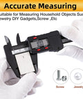 Six Inch Digital Caliper for Precise DIY and Machining, Quick Inch or Millimeter Switch, Four Measurement Modes, Rugged Carbon Fiber Composite Housing, Portable 0 to 6 Inches (0-150 mm), 0.01 Inch (0.1 mm) Resolution, High Accuracy measuring a screw and block