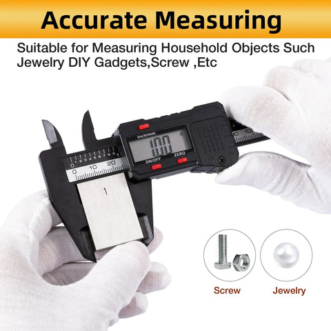 Six Inch Digital Caliper for Precise DIY and Machining, Quick Inch or Millimeter Switch, Four Measurement Modes, Rugged Carbon Fiber Composite Housing, Portable 0 to 6 Inches (0-150 mm), 0.01 Inch (0.1 mm) Resolution, High Accuracy measuring a screw and block