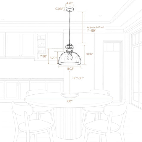 Tribesigns 11" Modern Pendant Lighting with Gradient Green Glass Shade dimensions and installation details in kitchen setting.