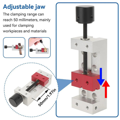 Slick Compact Mini Vise With 50mm Jaw Space, showcasing adjustable jaw for precise clamping of materials.