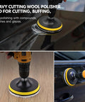 Close-up of 7 Pcs Pro Grade Wool Buffing Pads For Car Polisher, 3 Inch 80 mm with M10 Drill Adapter on car and wood surfaces.
