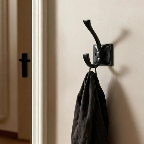 5 Pack Square Coat Hooks Wall Mounted Towel Hooks Shower Hooks For Bathroom Heavy Duty Double Hooks Black Finish Keep Your Space Clutter Free With Strong Durable Hangers For Coats Bags Hats And Robes on wall with coat