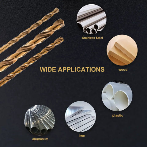 Pro Grade Cobalt Drill Bit Set Thirteen Piece M35 HSS Twist Bits with material applications for metal, wood, plastic.