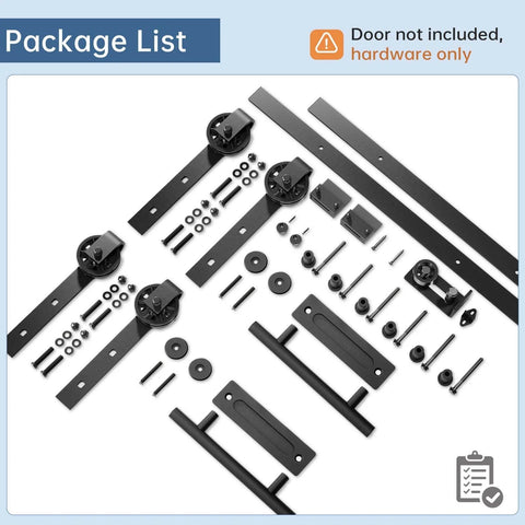 Double Sliding Barn Door Hardware Track Kit With Industrial Spoke Wheel Handle, Wall Mount Black Finish, package contents