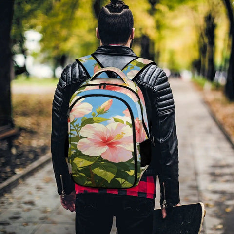 Blue Sky Hibiscus Print Backpack for Everyday Use Unisex Large Capacity Daypack Durable Polyester Travel School Bag With Smooth Zippers