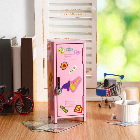 Fresh Pink Metal Mini Locker With Secure Lock And Keys Compact Desktop Organizer For Home Office Decor Steel Storage Unit with fun stickers.