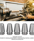 Collet Chuck Set For CNC Lathes And Milling Machines, 5-Piece D6 To D8 Range, shown with machine for tight-tolerance toolholding.