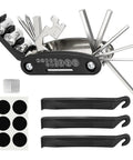Tire Repair Tool Kit with 16-In-1 multitool, levers, patches, and metal polish for mountain and road cycling on-the-go emergency gear.
