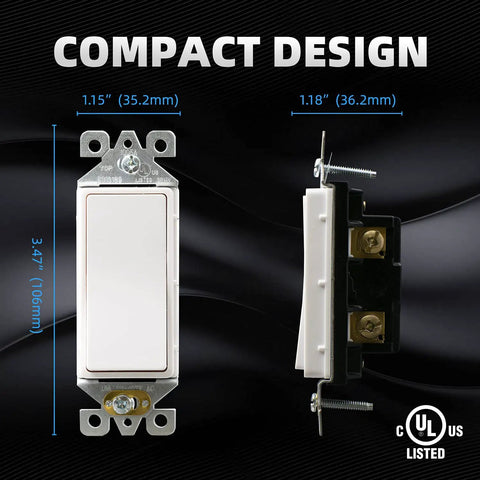Three Way Decorator Light Switch 15 Amp 120 To 277 Volt Rocker Paddle Replacement Self Grounding Residential And Commercial Grade UL Listed White Finish 5 Pack, front and side view with dimensions