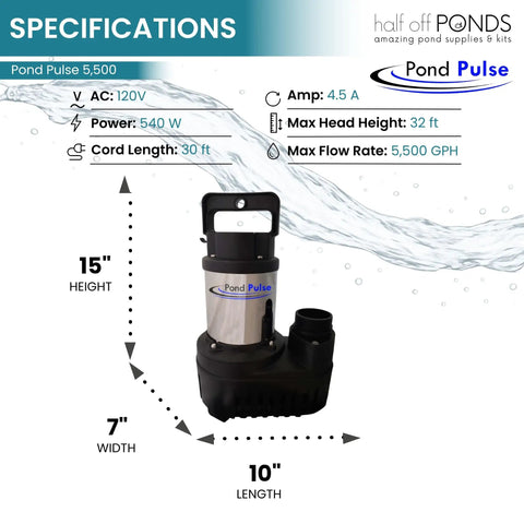 5,500 GPH Submersible Pond Pump With Hybrid Drive For Waterfalls And Skimmers, 30 Foot Cord, Energy Efficient And Fish Safe