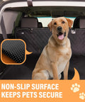 Back Seat Dog Hammock Cover Waterproof Car Seat Protector For Cars Trucks And SUVs Easy To Clean Machine Washable Wipe Clean Vacuum Safe Dog sitting on back seat with cover