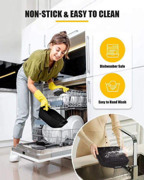 Woman placing Three Piece Square Silicone Air Fryer Liners Set For 5 To 8 Quart Models in dishwasher, easy to clean