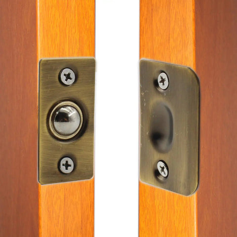 2 Pack Closet Door Ball Catch Hardware Stainless Steel French Door Ball Latches Adjustable Cabinet Latch With Strike Plate Drive In Spring For Closet And Cupboard Doors Antique Gold installed on wooden doors