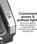 Indoor Searing Grill With Viewing Window And Adjustable Temp To 450F 118 Square Inches Cooking Surface Serves Six PFAS Free Removable Nonstick Grate Stainless Steel with power and preheat lights