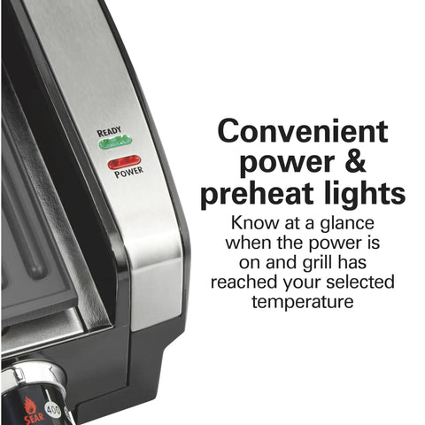 Indoor Searing Grill With Viewing Window And Adjustable Temp To 450F 118 Square Inches Cooking Surface Serves Six PFAS Free Removable Nonstick Grate Stainless Steel with power and preheat lights