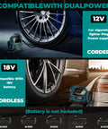 Cordless Tire Inflator Air Compressor For 18V Battery Systems 160 PSI Portable LED Light Handheld Pump On The Go With Digital Pressure Gauge For Cars Motorcycles Bikes And Sports Balls Battery Not Included, depicting dual power compatibility options for 12V and 18V systems.