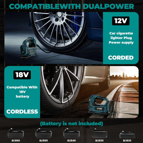 Cordless Tire Inflator Air Compressor For 18V Battery Systems 160 PSI Portable LED Light Handheld Pump On The Go With Digital Pressure Gauge For Cars Motorcycles Bikes And Sports Balls Battery Not Included, depicting dual power compatibility options for 12V and 18V systems.