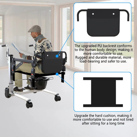Rock Solid Workhorse Electric Patient Lift with Hardcore Stainless Steel Frame for Heavy Duty Senior Transfers from Bed to Wheelchair or Floor Using Dual Handles for Hassle Free Home Health Care Support displayed with PU backrest and hard cushion.