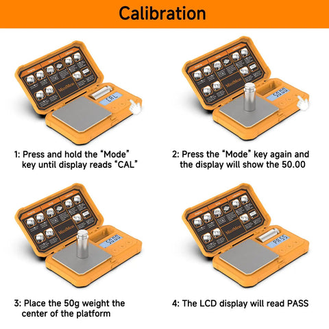 Steps showing calibration of Ultra Accurate Digital Gram Scale For Jewelry And Coins, Pocket Size Scale With 200 X 0.01g Precision