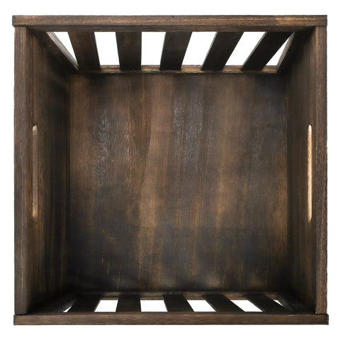Top view of a Wood Storage Bin Cube Crate With Handles Rustic Brown Decorative Box Stackable Shelf Basket Organizer For Closet And Bookcase 12 By 12 By 11 Inches Easy Assembly.