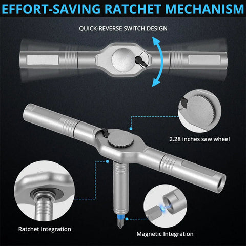 Magnetic Ratchet Screwdriver Set With 50-In-1 Bits showing detachable ratchet handle and quick-reverse switch design