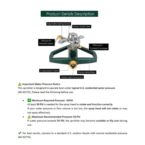 Heavy Duty Metal Pulsating Sprinkler For Yard, 360 Degree Rotating Automatic Water Sprinkler For Lawn With Metal Base
