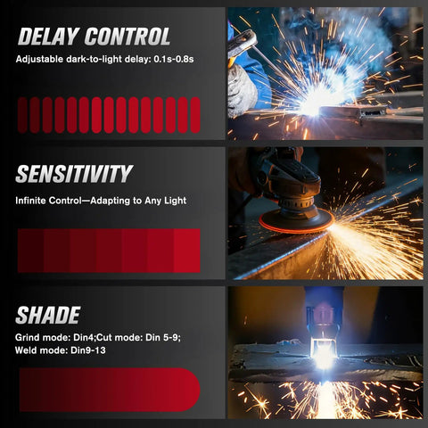 Auto Darkening Welding Helmet With Large Viewing Area And True Color Lens, Four Arc Sensors, UV And IR Blocking, showing delay control, sensitivity, shade features