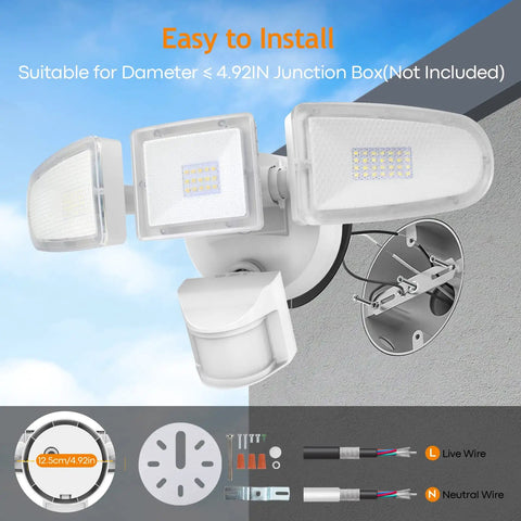 Outdoor Motion Sensor Flood Lights With 30W 3500LM Output Dusk To Dawn IP65 Waterproof Three Head LED Security Lighting 5700K