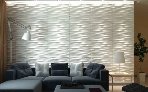 Living room with Textured 3D PVC Wave Wall Panels Matte White 19.7 Inch Square Tiles 12 Pack as a modern backdrop.