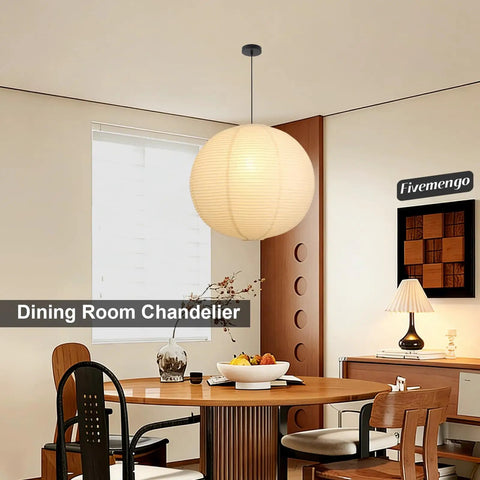 Large Off White Paper Pendant Light 23.6 Inch Japanese Rice Paper Ceiling Lamp With Cord And Canopy over dining table.