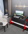 Dope Rose Pink Gaming Desk With Rgb Ambient Glow Spacious Pc Worktable For Home Office And Bedroom Setup showing black and red design.