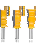 One Half Inch Shank Crown Molding Router Bit Set Three Piece For Edge Forming And Corner Rounding On Doors And Cabinets Woodworking With Pro Grade Carbide Blades For Accurate CNC Router Milling, showing detailed profiles and 1/2 inch shanks
