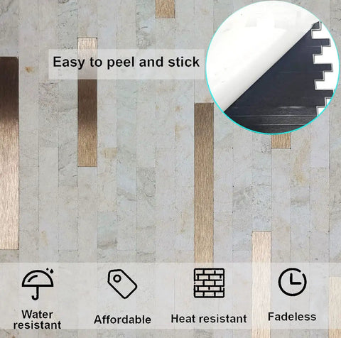 Peel And Stick Backsplash Tiles 10 Sheet Self Adhesive Stone Grain PVC Wall Sticker For Kitchen And Bathroom Walls Easy DIY No Mess Beige And Brushed Bronze Finish Realistic Look featured with description icons and corner view example of adhesive backing.