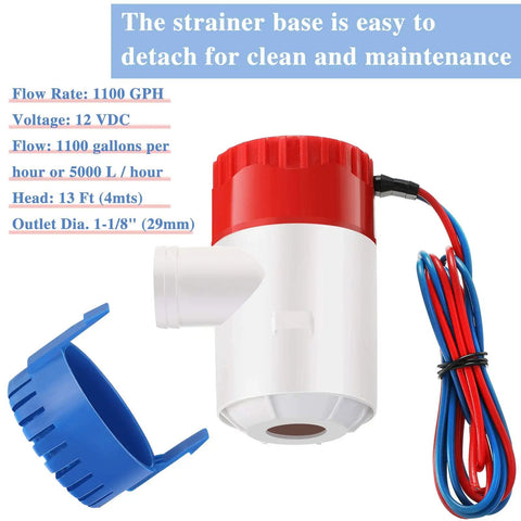 12 V 1100 GPH Bilge Water Pump With Automatic Float Switch For Boats, Electric Marine Bilge Pump Kit, detachable strainer