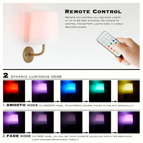 Cordless Battery Operated RGB Wall Sconce Lights With Remote showing light modes and remote control