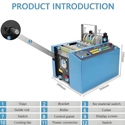Top Tier Automatic Heat Shrink Tube Cutting Machine With 250W Electric Power, Featuring Microcomputer Control For Precise Cuts Up To 100Mm Width And 12.7Mm Diameter, Ideal For Fiberglass Sleeving Tapes Efficiently, showcasing key components like the control panel, cooling fan, and cutting blade.