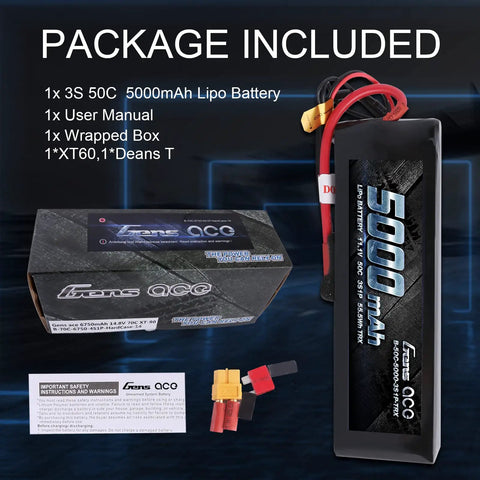 5000mAh 11.1V 3S 50C LiPo Battery Pack With XT60 And T Plug For RC Cars And Trucks, boxed with accessories