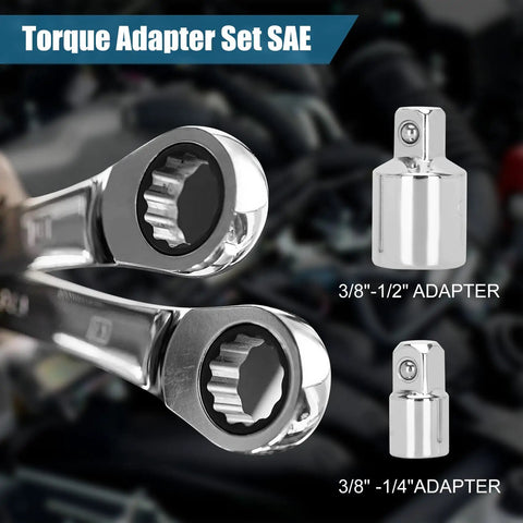 Chrome Torque Adapter Set 12-Piece SAE With Box End And 12 Point Extensions featuring 3/8" to 1/2" and 3/8" to 1/4" converters.