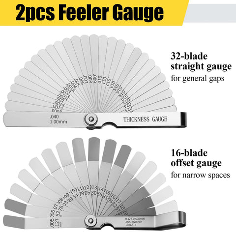 Front view: stainless steel 2-piece feeler gauge set; 32-blade straight and 16-blade offset with SAE/Metric