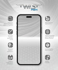 Front view of a phone with text overlay, detailing features of the Brush On Liquid Glass Screen Protector That Gives Your Phone Tablet Smartwatch A Nano Shield For Up To 10 Devices Scratch Resistant Crack Resistant Easy Coating Ultra Clear Long Lasting Protection Across All Screens.