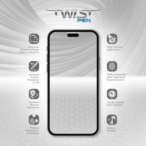 Front view of a phone with text overlay, detailing features of the Brush On Liquid Glass Screen Protector That Gives Your Phone Tablet Smartwatch A Nano Shield For Up To 10 Devices Scratch Resistant Crack Resistant Easy Coating Ultra Clear Long Lasting Protection Across All Screens.